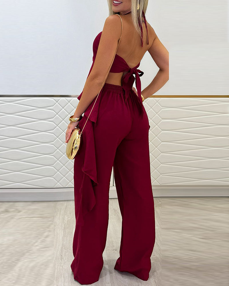 2 Pieces Outfit Halter Asymmetrical Ruffles Hem Backless Top and Casual Wide Leg Pants Set