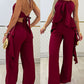 2 Pieces Outfit Halter Asymmetrical Ruffles Hem Backless Top and Casual Wide Leg Pants Set