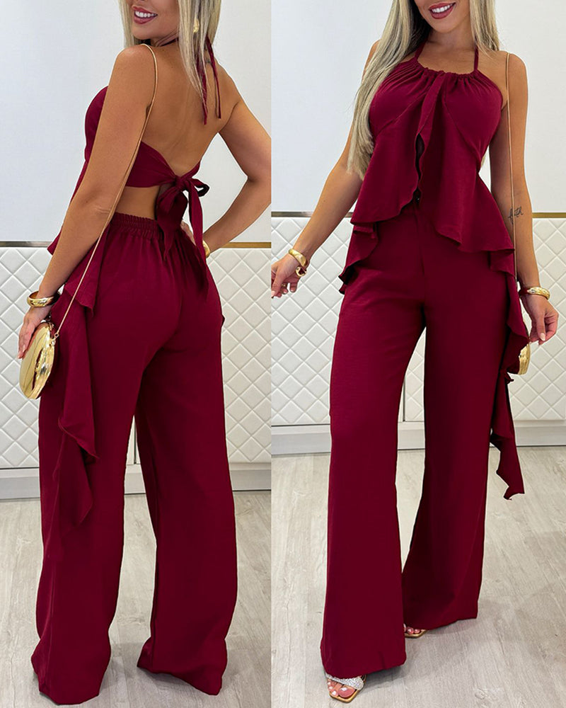 2 Pieces Outfit Halter Asymmetrical Ruffles Hem Backless Top and Casual Wide Leg Pants Set