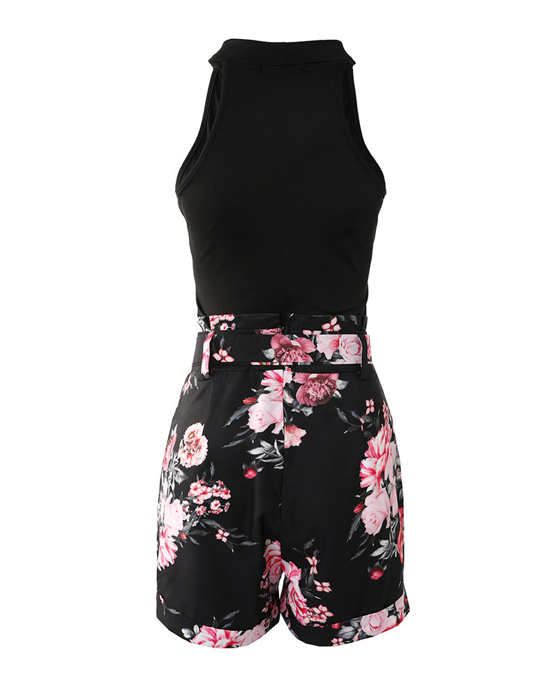 Plain Tank Top & Floral Print Shorts Set With Belt