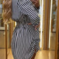 Striped Side Drawstring Buttoned Shirt Dress