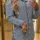 Striped Side Drawstring Buttoned Shirt Dress