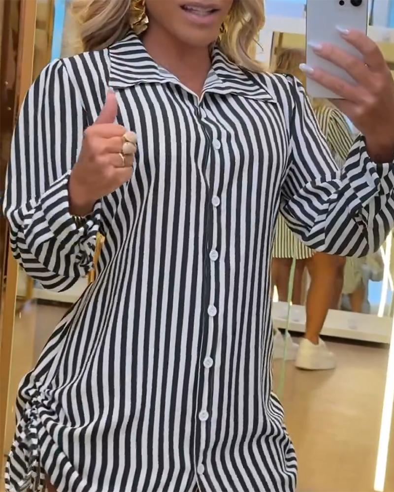 Striped Side Drawstring Buttoned Shirt Dress