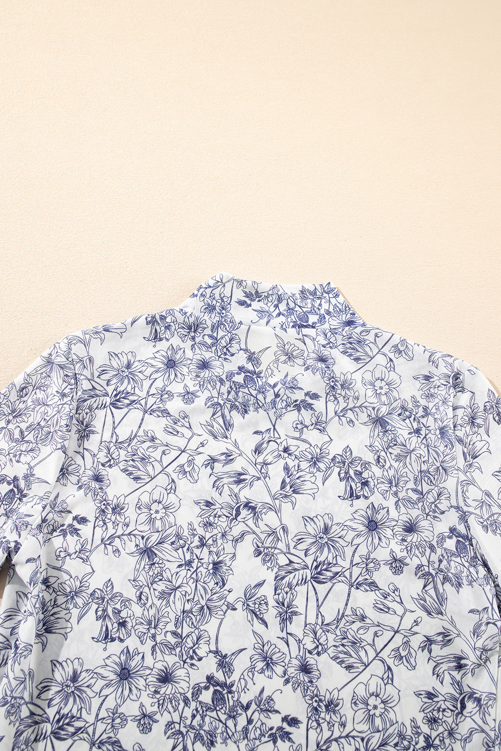 Sky Blue Floral Bell Sleeve Mock Neck Crop Mesh Top