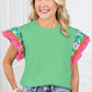Light Green Contrast Ricrac Floral Sleeve Top