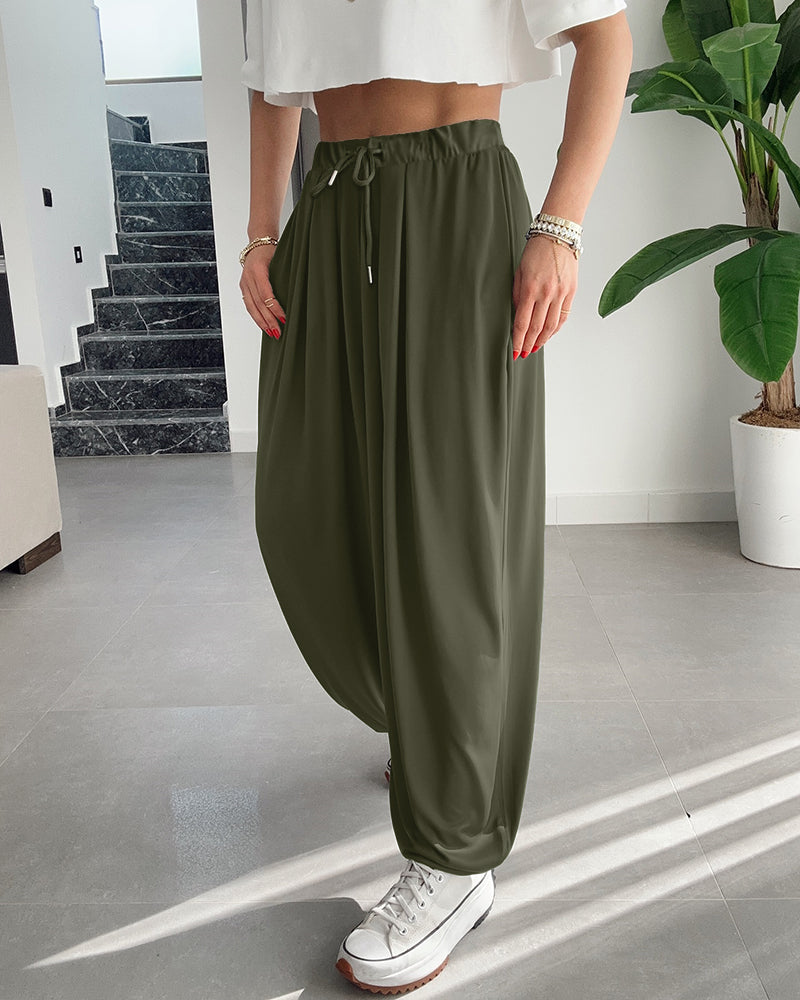 High Waist Elastic Dtrawstring Cuffed Pants Casual Loose Fit Ruched Pants
