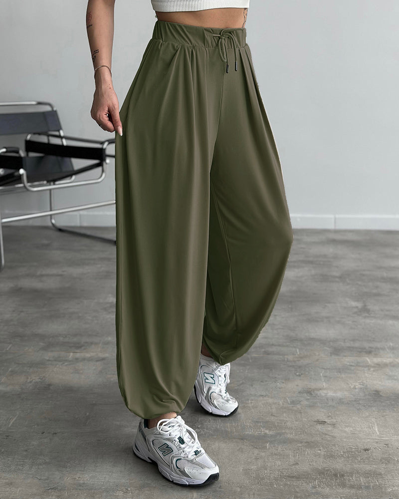 High Waist Elastic Dtrawstring Cuffed Pants Casual Loose Fit Ruched Pants