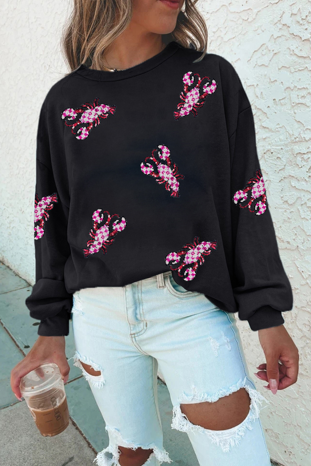 Black Sequined Crawfish Graphic Drop Shoulder Sweatshirt