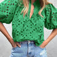 Green Flower Embroidered Hollow-out Puff Sleeve Blouse