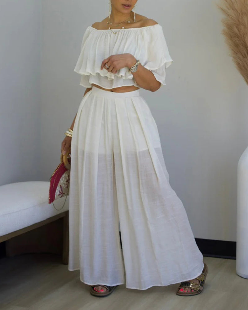2 Pieces Outfit Off Shoulder Ruffles Crop Top and Casual High Waist Wide Leg Pants Set