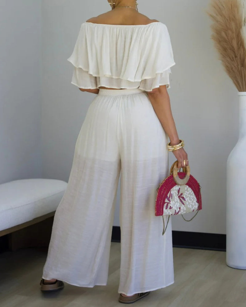2 Pieces Outfit Off Shoulder Ruffles Crop Top and Casual High Waist Wide Leg Pants Set