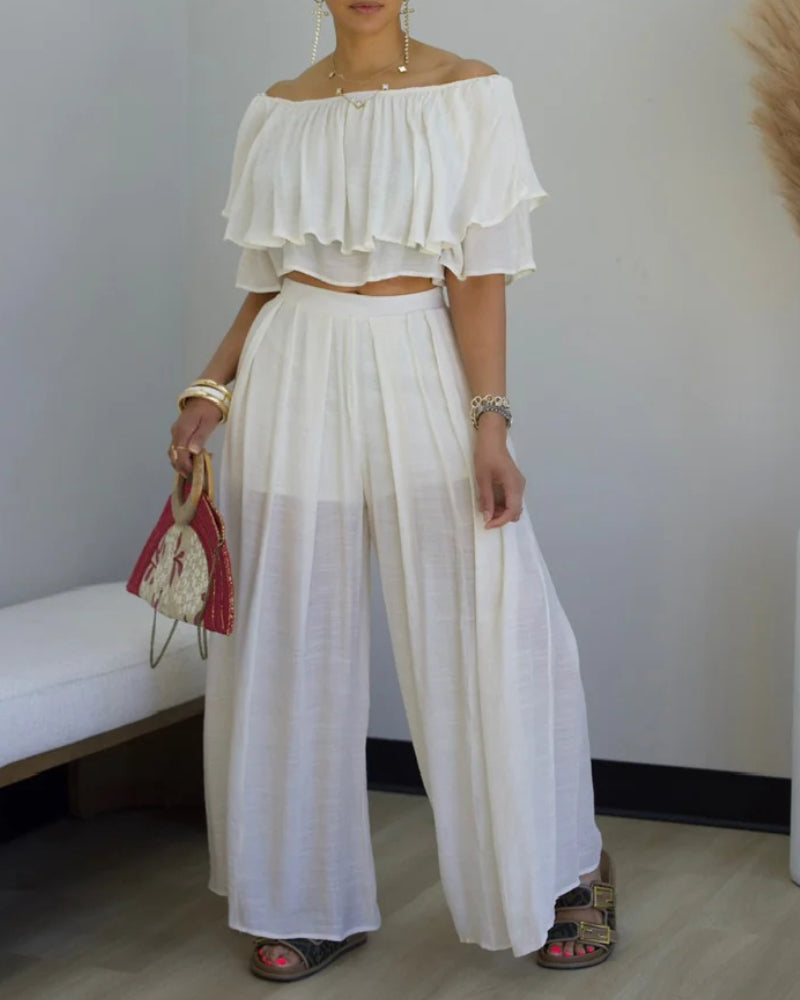 Off the Shoulder Layered Trim Waist Jumpsuit Casual Wide Leg Romper