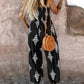Graphic Print Square Neck Thick Strap Shirred Jumpsuit Wide Leg Overalls with Pockets
