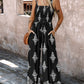 Graphic Print Square Neck Thick Strap Shirred Jumpsuit Wide Leg Overalls with Pockets