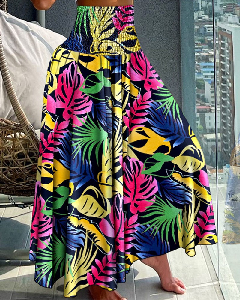 Tribal Print Shirred Wide Leg Pants