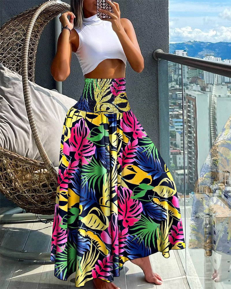 Tribal Print Shirred Wide Leg Pants