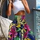 Tropical Leaf Print Shirred Wide Leg Pants