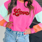 Rose Red Chenille Love Patched Colorblock Long Sleeve Crewneck Top