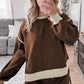 Coffee Color Contrast Loose Pullover and Lace-up Waist Skort Set