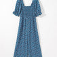 Blue Vintage Boho Floral Smocked Short Puff Sleeve Wide Leg Jumpsuit