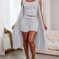 U Neck Ribbed Top & Drawstring Shorts Set With Open Front Coat