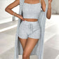 U Neck Ribbed Top & Drawstring Shorts Set With Open Front Coat