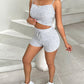 U Neck Ribbed Top & Drawstring Shorts Set With Open Front Coat