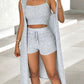 U Neck Ribbed Top & Drawstring Shorts Set With Open Front Coat