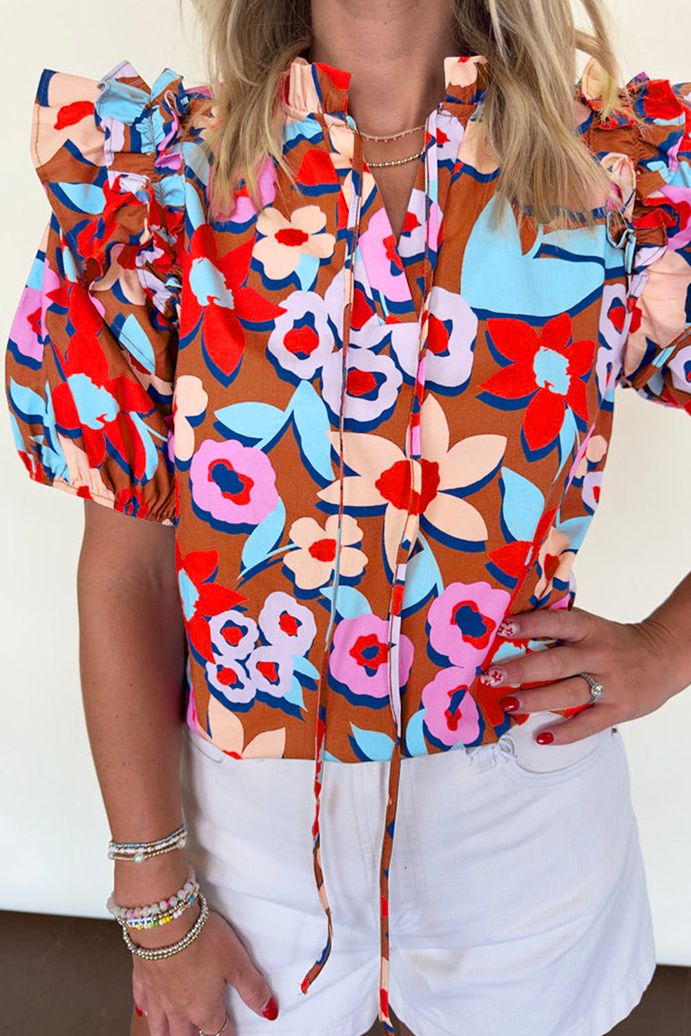 Brown Flower Print Self Tie Frilled Collar Puff Sleeve Blouse