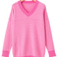 Pink Striped Scallop V Neck Loose Sweater with Slits