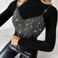 Mock Neck Long Sleeve Rhinestone Decor Top
