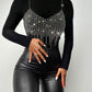 Mock Neck Long Sleeve Rhinestone Decor Top