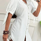 Striped Print Lace Up Short Sleeeve Shirt Dress Casual Waist Shirred Drawstring Mini Dress