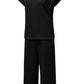 Black Solid Color Textured Short Sleeve Top and Casual Pants Set