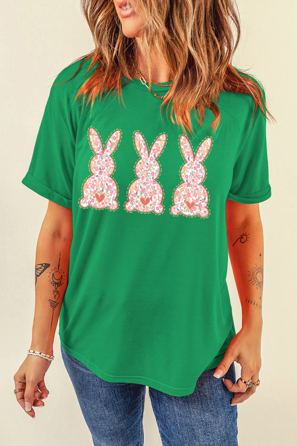 Bright Green Easter Floral Rabbit Print Crew Neck T Shirt