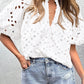 White Flower Embroidered Hollow-out Puff Sleeve Blouse