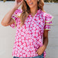 Pink Floral Contrast Ric Rac Layered Ruffle Sleeve Blouse