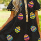 Black Glistening Easter Egg Sequin Trim Half Button Puff Sleeve Dress