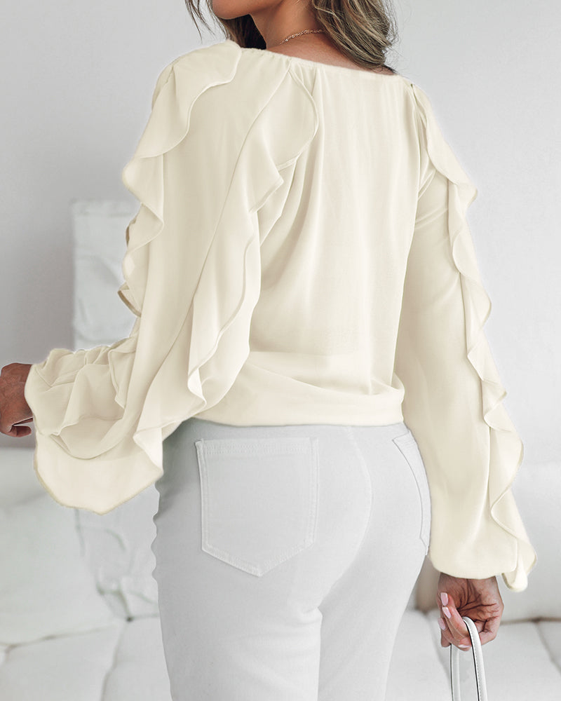V Neck Shoulder Asymmetrical Ruffles Blouse Casual Button Front Long Sleeve Top