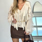 V Neck Shoulder Asymmetrical Ruffles Blouse Casual Button Front Long Sleeve Top