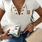 Chain Decor Lace Up V Neck Short Sleeve T Shirt Casual Rhinestone Patch Slim Fit Top