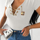Chain Decor Lace Up V Neck Short Sleeve T Shirt Casual Rhinestone Patch Slim Fit Top