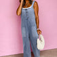 Stone Blue Washed Denim Half Buttons Patched Pocket Wide Leg Overalls