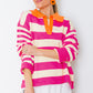 Rose Stripe Color Block Collared V Neck Drop Shoulder Sweater