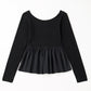 Black Ribbed Knit Long Sleeve Scoop Neck Peplum Patchwork Top