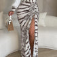 Tie Dye Print Plunge High Slit Drawstring Maxi Dress