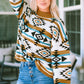 Brown Aztec Striped Knit Ribbed Trim Sweater