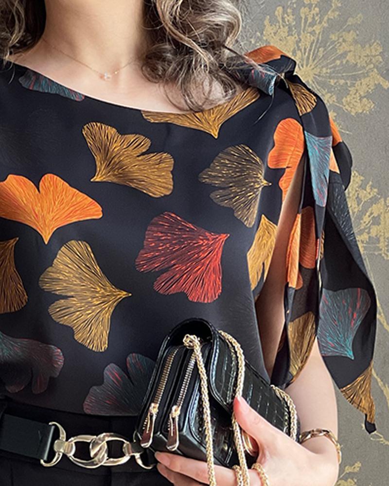 Floral Print  One Shoulder Tied Detail Blouse Casual Looose Fit Top