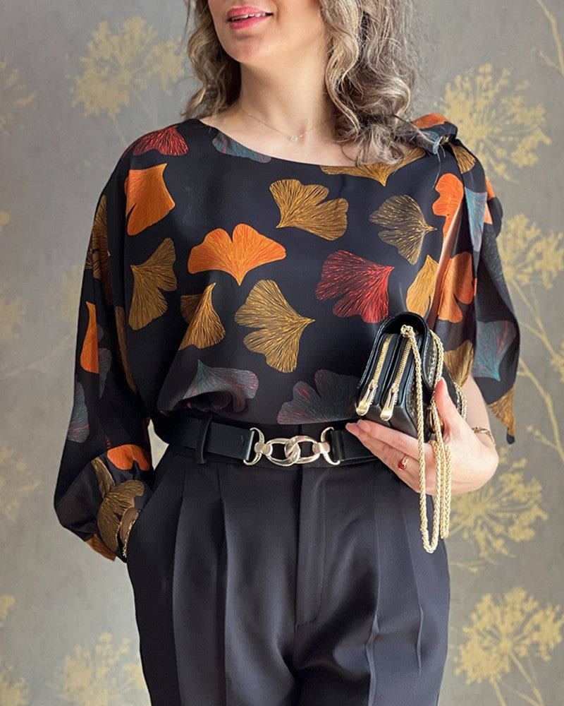 Colorblock Plants Print One Shoulder Tied Detail Blouse Casual Loose Fit Long Sleeve Top
