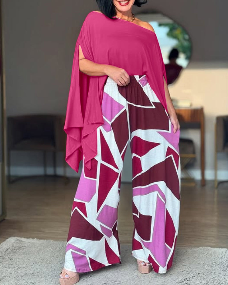 Cold Shoulder Batwing Sleeve Top and Colorblock Wide Leg Pants Set